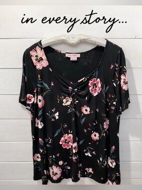 IN EVERY STORY Black Floral Short Sleeve Top Size 1X